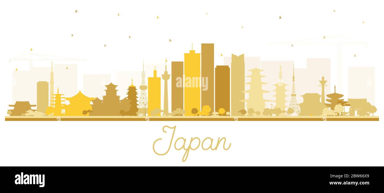Japan City Skyline Silhouette mit goldenen Gebäuden isoliert auf Weiß. Vektorgrafik. Tourismuskonzept mit historischer Architektur. Stock Vektor