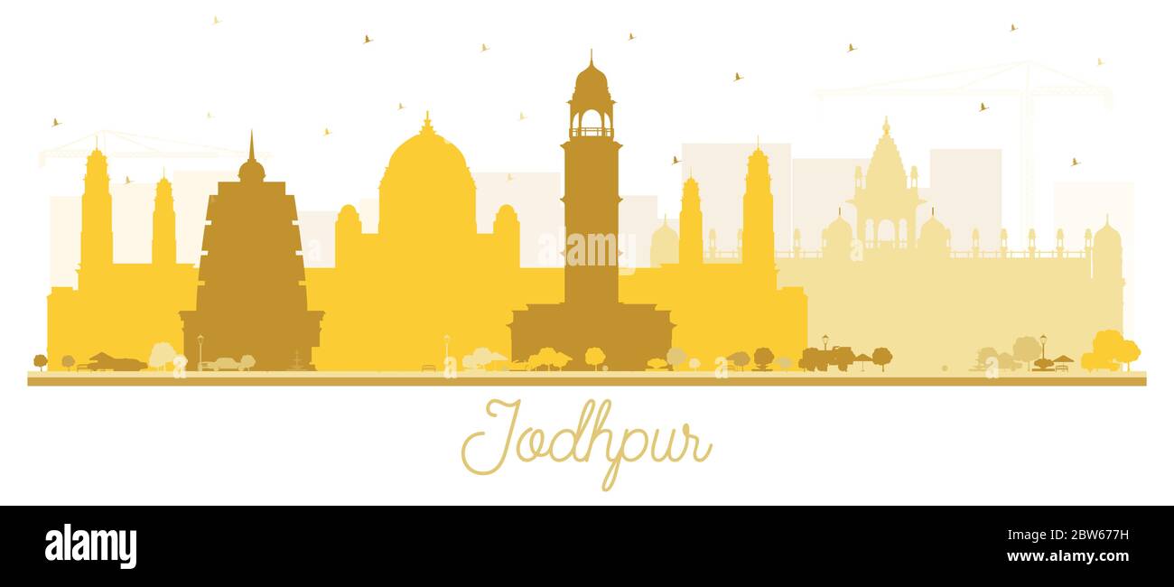 Jodhpur Indien Stadt Skyline Silhouette mit goldenen Gebäuden isoliert auf Weiß. Business Travel und Tourismus Konzept mit historischer Architektur. Stock Vektor