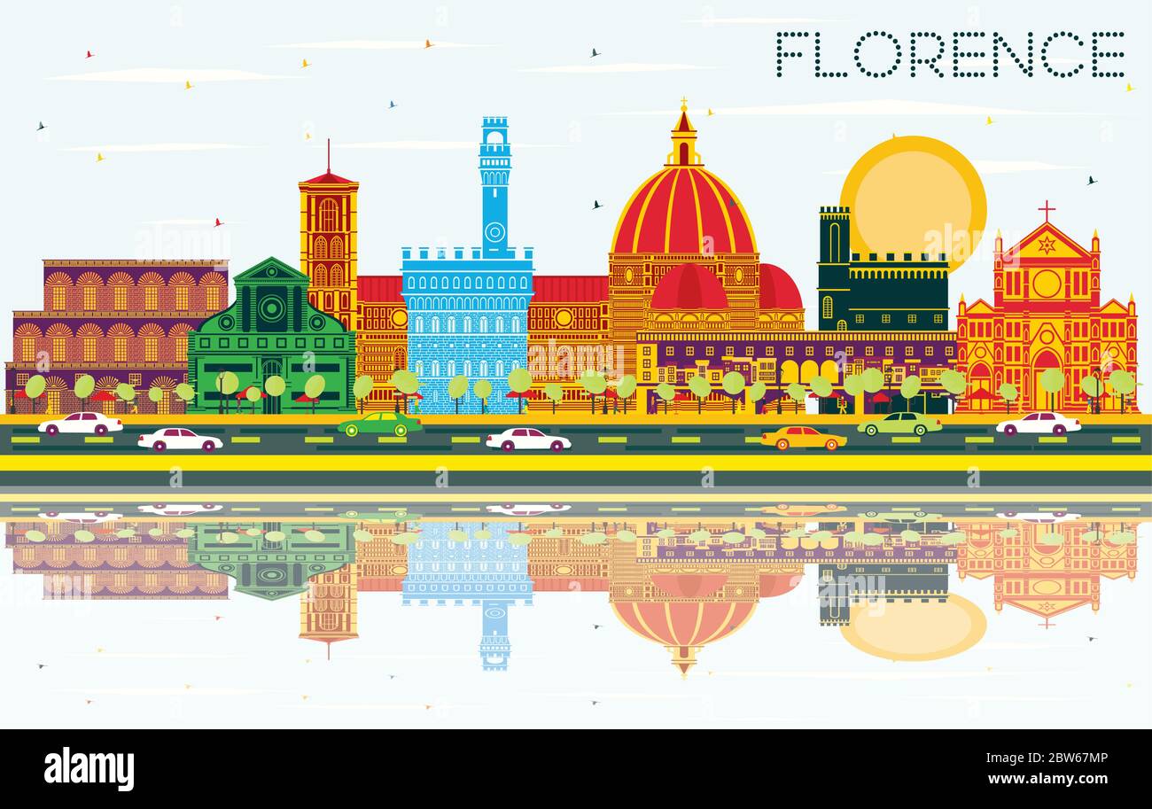 Florenz Italien City Skyline mit farbigen Gebäuden, blauem Himmel und Reflections. Vektorgrafik. Stock Vektor