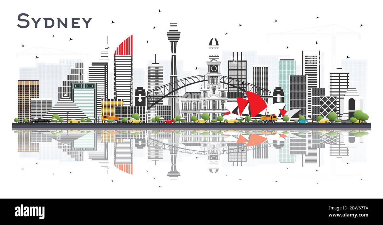 Sydney Australia City Skyline mit grauen Gebäuden und Reflektionen isoliert auf weißem Hintergrund. Stock Vektor