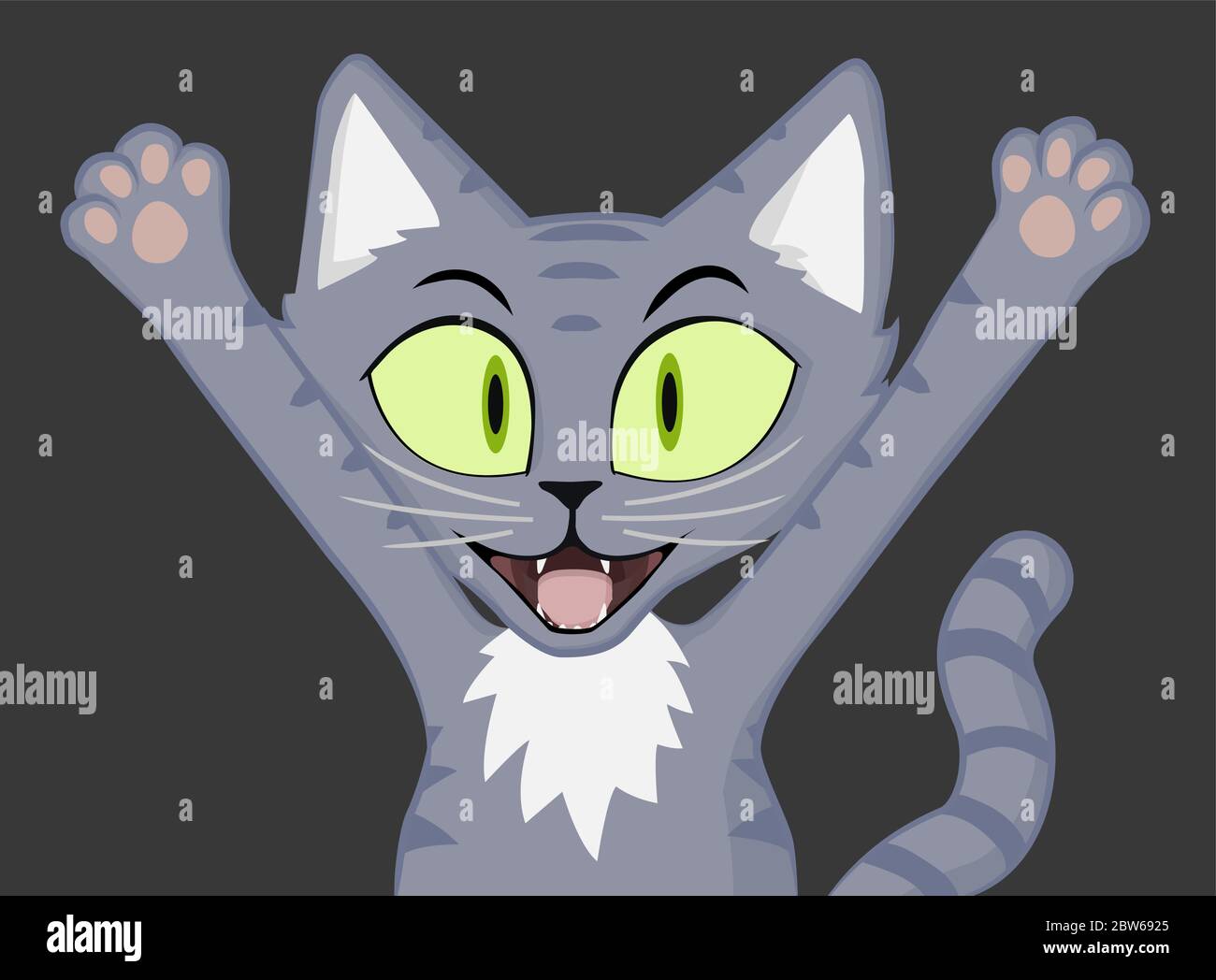 Katze grau jubeln und winken begeistert, Aufmerksamkeit erregend, Cartoon Charakter Farbe Vektor Illustration, horizontal Stock Vektor