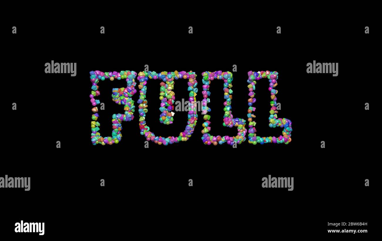 VOLLSTÄNDIG in 3D-Illustration geschrieben durch bunte kleine Objekte werfen Schatten auf einem schwarzen Hintergrund Stockfoto