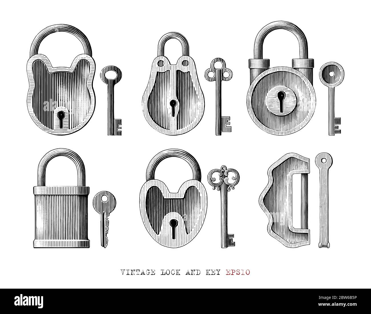 Vintage Schloss und Schlüssel Sammlung Hand zeichnen Gravur Stil schwarz und weiß Clipart auf weißem Hintergrund isoliert Stock Vektor