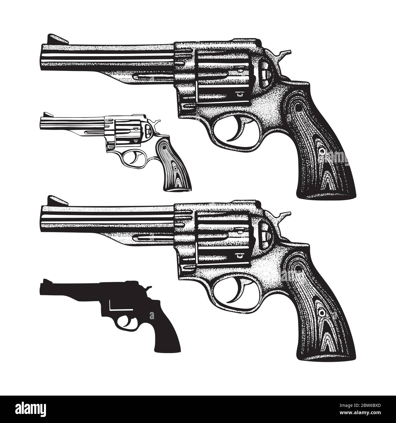 Revolver. Handgezeichnete Vintage Revolver Vektor Illustration. Gravur Stil alte Pistolen Set. Stock Vektor