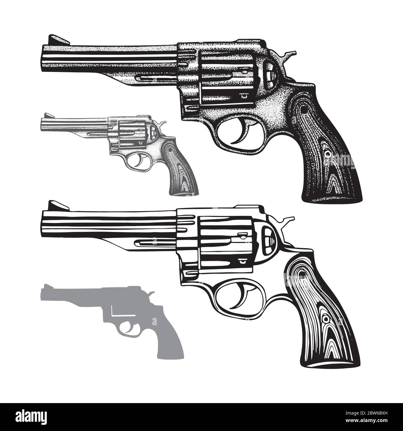 Revolver. Handgezeichnete Vintage Revolver Vektor Illustration. Gravur Stil alte Pistolen Set. Stock Vektor