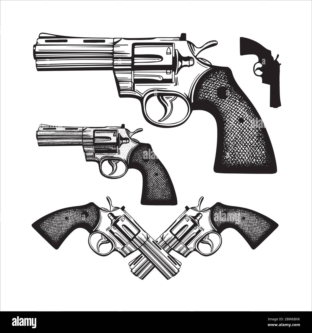 Revolver. Handgezeichnete Vintage Revolver Vektor Illustration. Gravur Stil alte Pistolen Set. Stock Vektor