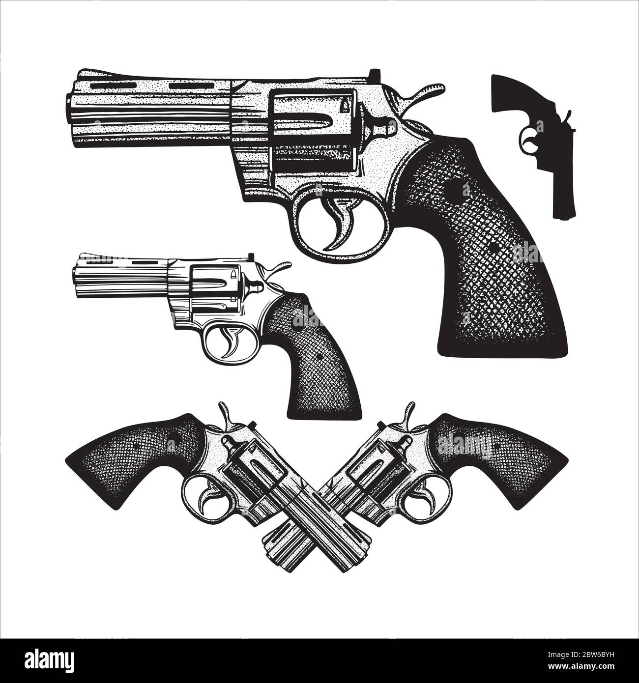 Revolver. Handgezeichnete Vintage Revolver Vektor Illustration. Gravur Stil alte Pistolen Set. Stock Vektor