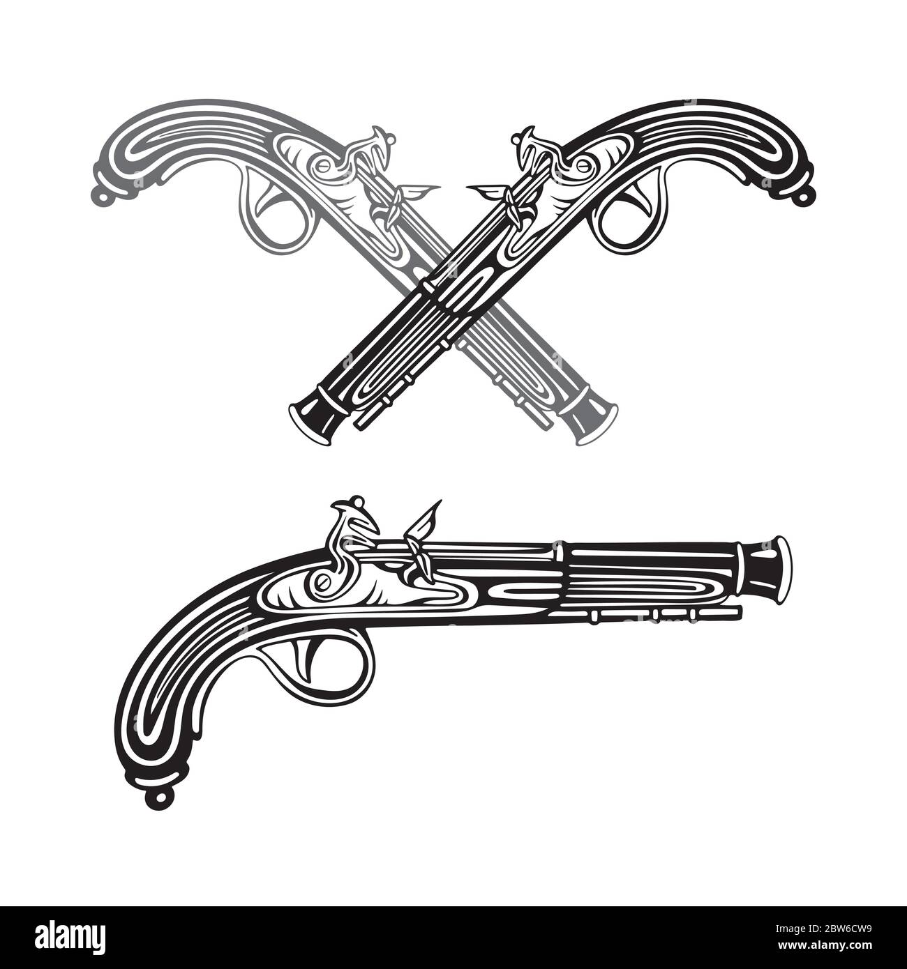Alte Waffe. Vintage Flintlock Pistole Hand gezeichnete Vektor Illustrationen Sammlung. Gravur Stil antike Pistole Zeichnung. Teil des Sets. Stock Vektor