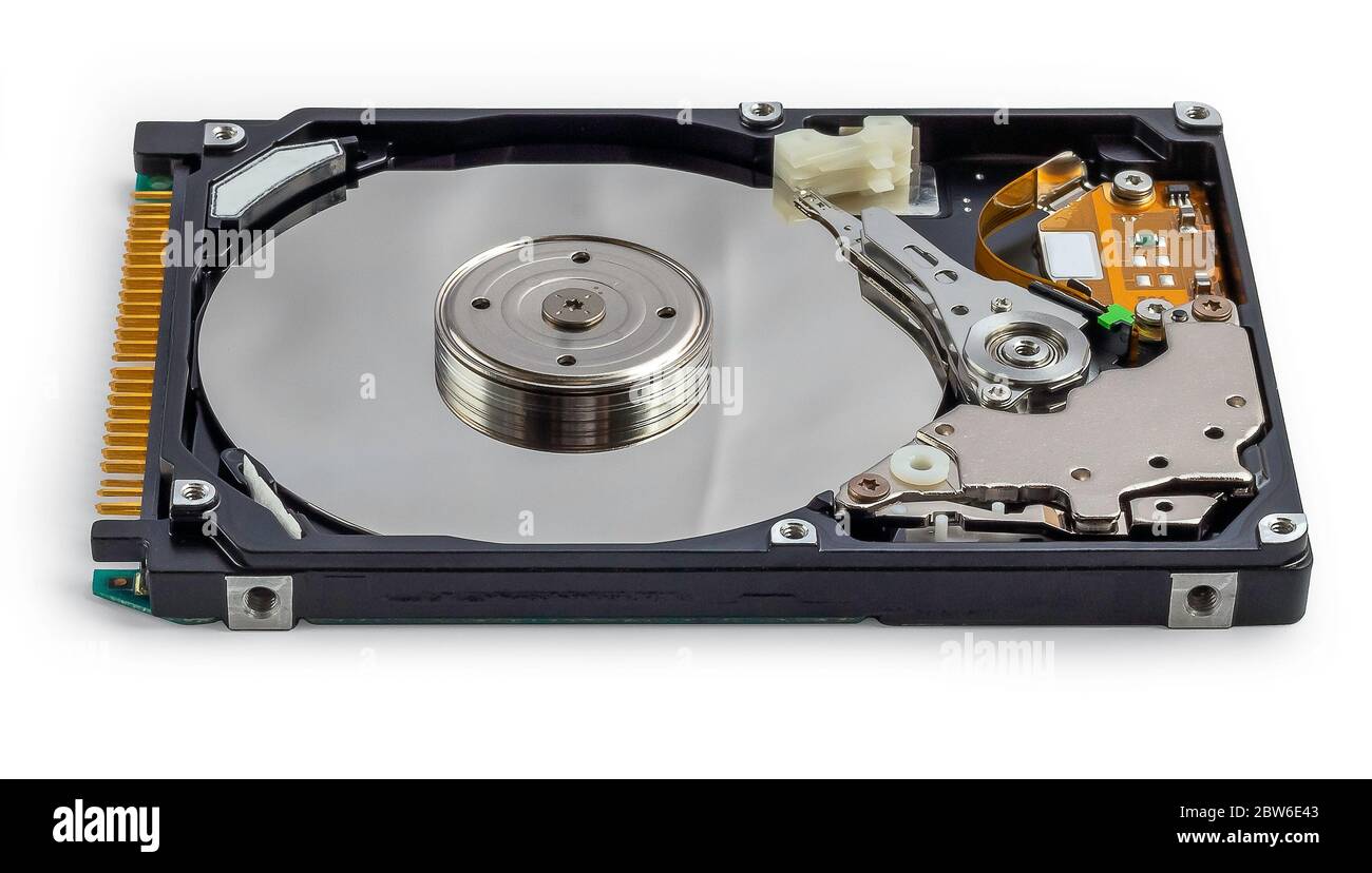 Offene Festplatte für Laptop, Seitenansicht, isoliert auf weißem Hintergrund Stockfoto