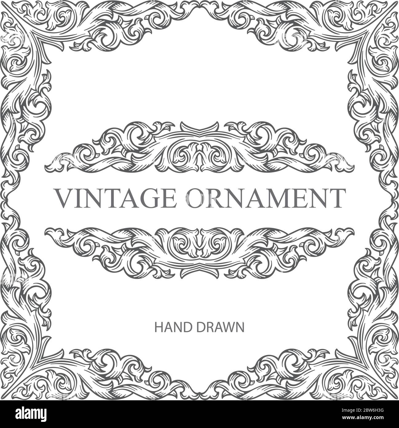 Vintage-Rahmen und Ornamente. Handgezeichnete alte Stil Ornamente Illustration. Gravur Stil florale Ornament Zeichnung. Teil des Sets. Stock Vektor