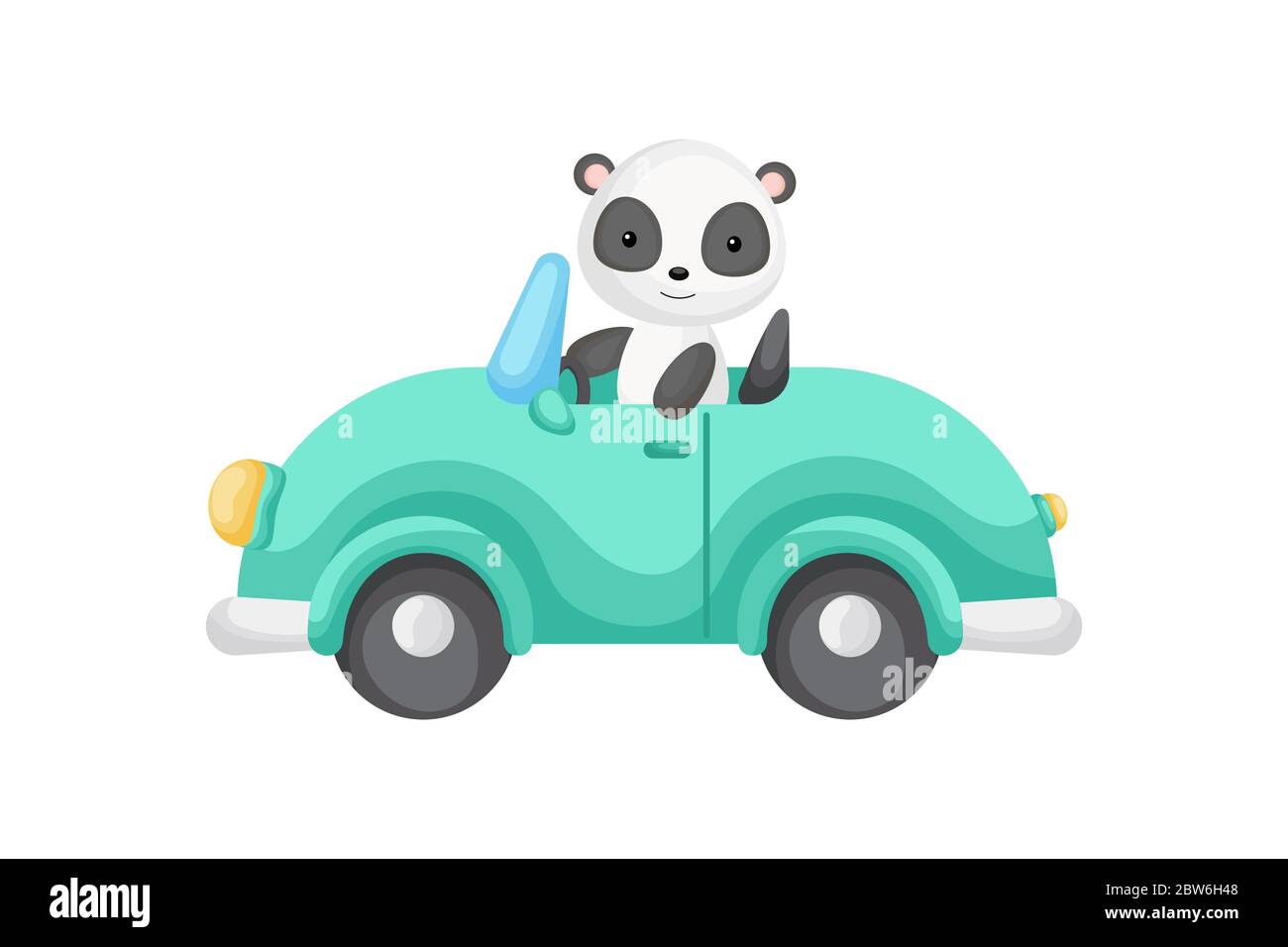 Niedlicher Panda Fahrer auf dem Auto. Grafikelement für Kinderbuch, Album, Scrapbook, Postkarte oder mobiles Spiel. Flache Vektordarstellung isoliert Stock Vektor
