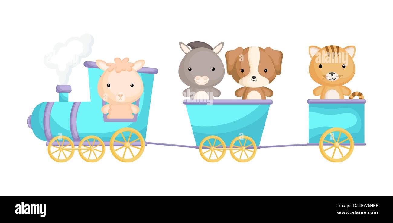 Süße Alpaka, Esel, Hund und Katze Fahrt im Zug. Grafikelement für Kinderbuch, Album, Scrapbook, Postkarte oder mobiles Spiel. Zoo-Thema. Stock Vektor