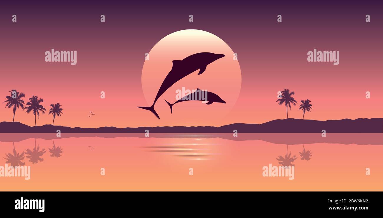 Zwei Delfine springen bei Sonnenaufgang aus dem Wasser Vektorgrafik EPS10 Stock Vektor