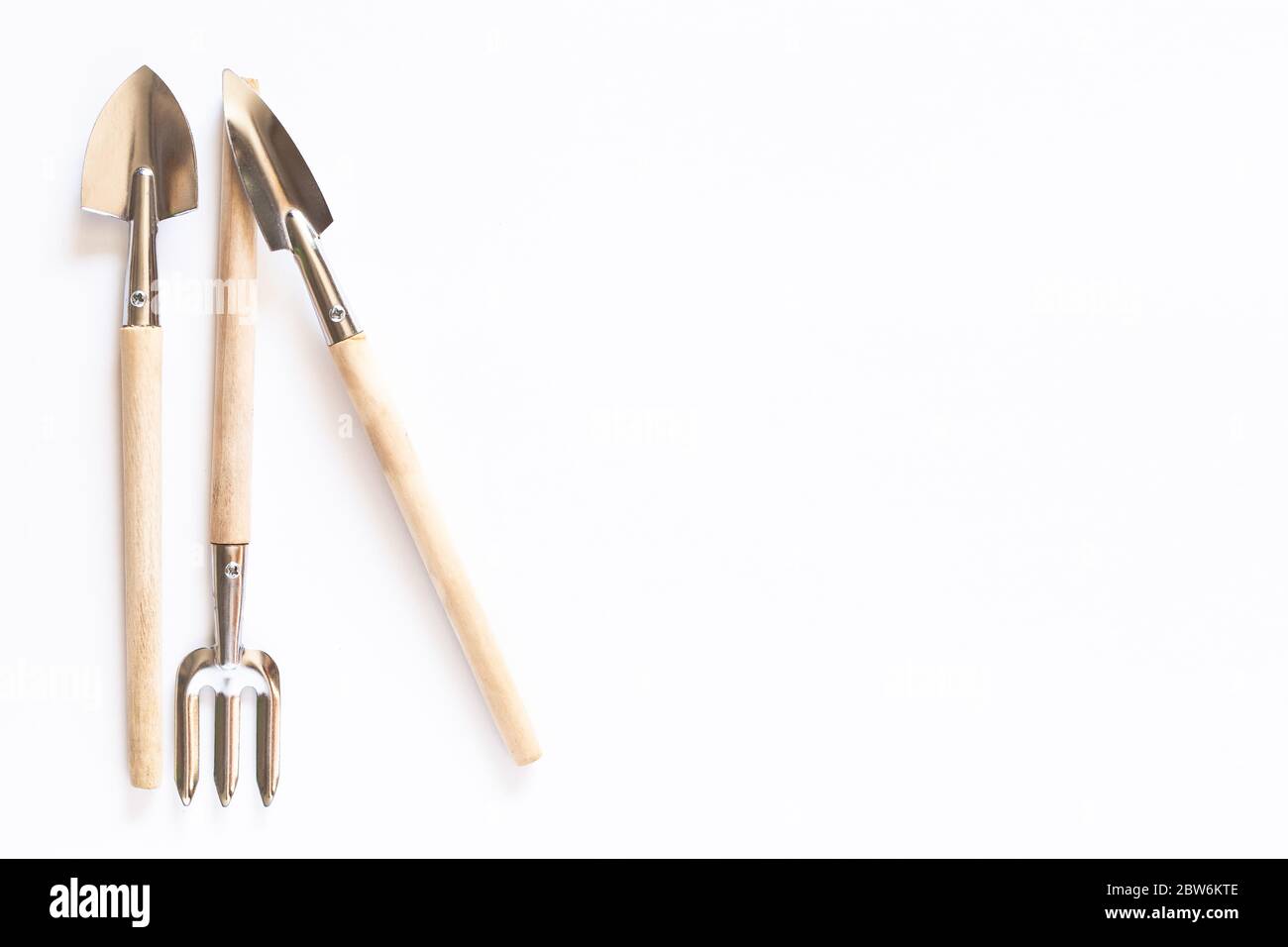Werkzeuge für die Gartenarbeit zu Hause. Anbau von Lebensmitteln auf Fensterbank. Copyspace für Text, Draufsicht. Flatlay auf weißem Hintergrund. Flaches Layout Stockfoto