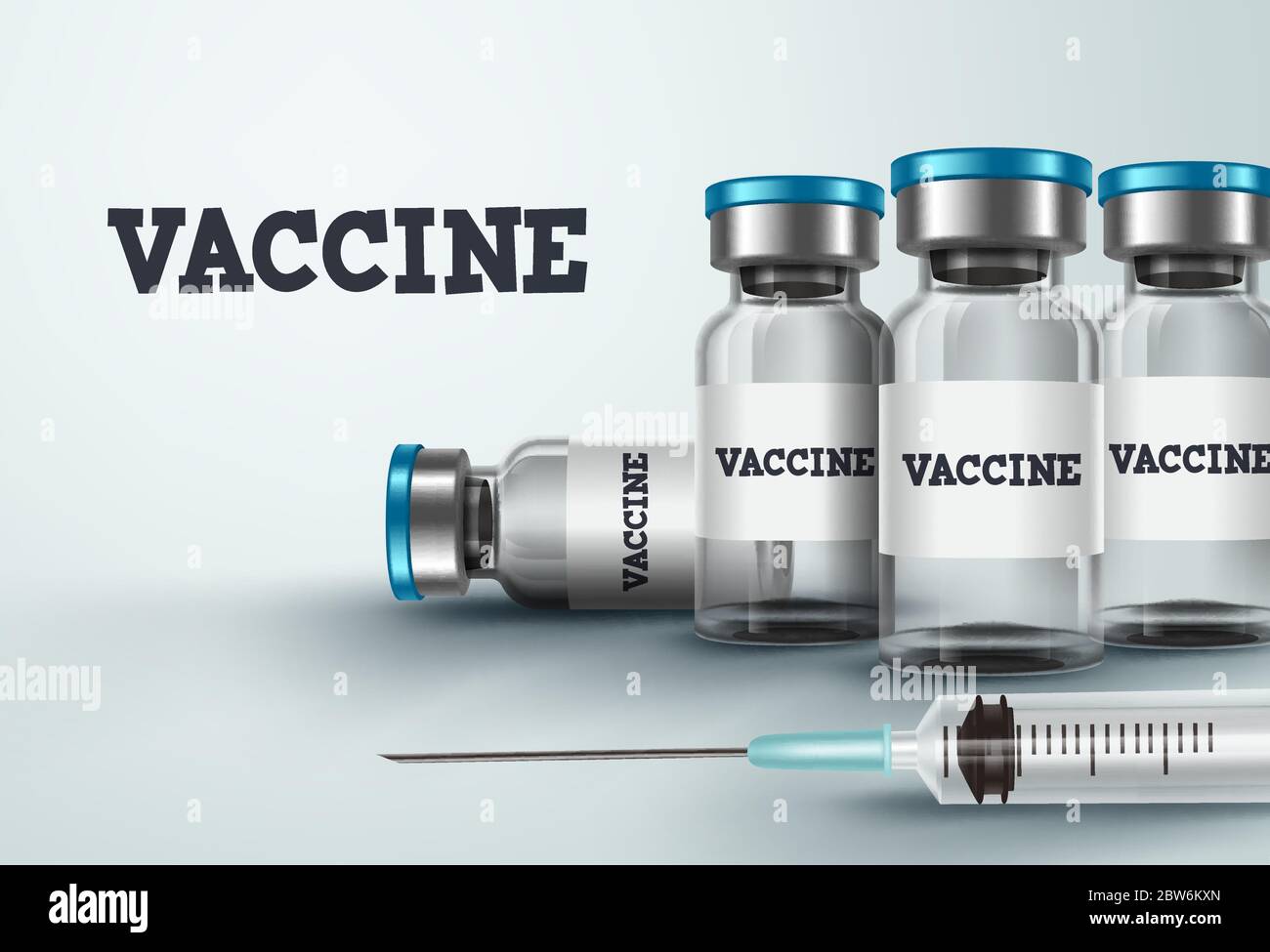 Vektordesign für Impfstoffflaschen. Impfstoff mit Spritze und Impfflasche für Covid-19 Coronavirus antivirale Immunisierung in weiß Stock Vektor