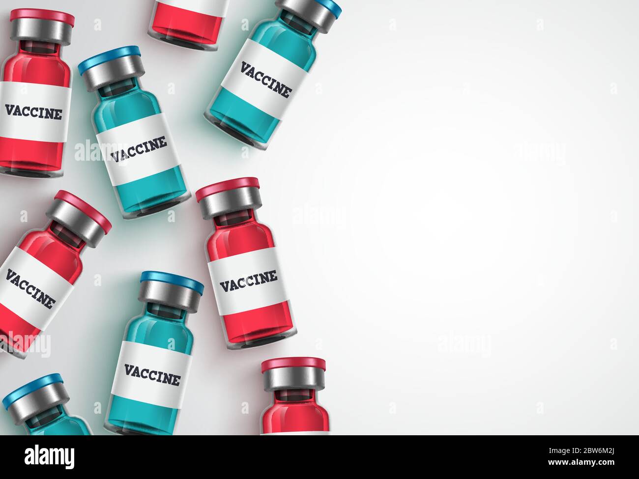 Hintergrundvorlage für Impfstoffflaschen. Impfflasche und weißer Leerraum für Text, Hintergrundvorlage für Covid-19 Coronavirus-Impfung Stock Vektor