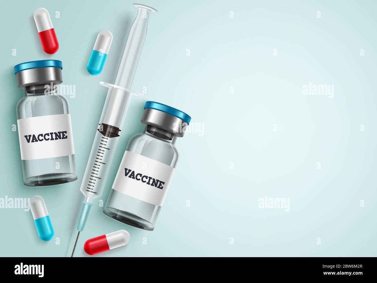 Medizin Impfstoff Vektor Hintergrund. Impfstoffflasche, Spritzenspritze und Kapsel Medizin mit weißen leeren Leerraum für Text für Covid-19 Virus Stock Vektor