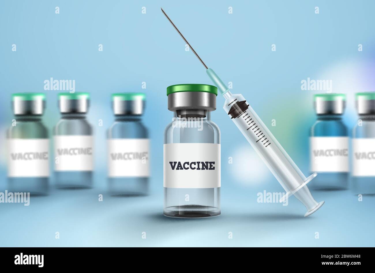 Hintergrund des Impfstoffs und der Spritze. Impfflasche und Spritze Injektion für Covid-19 Coronavirus Impfung und Impfung Medikamente Stock Vektor