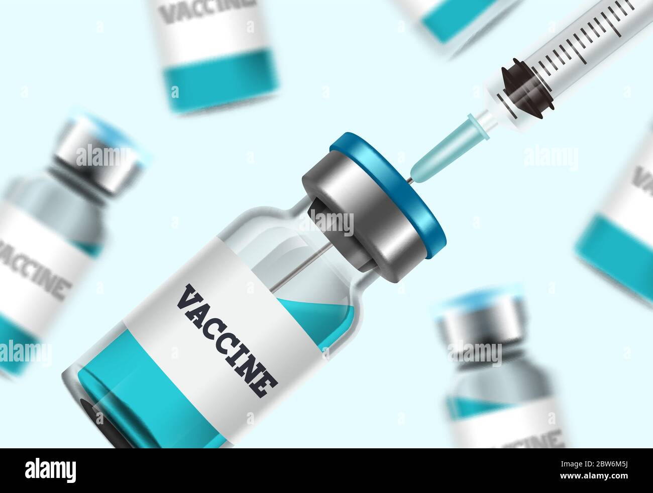 Impfstoff Injektion Flasche Vektor Hintergrund. Impfschuss für Covid-19 Coronavirus Immunisierung und Impfung medizinische Behandlung in weißem Hintergrund. Stock Vektor