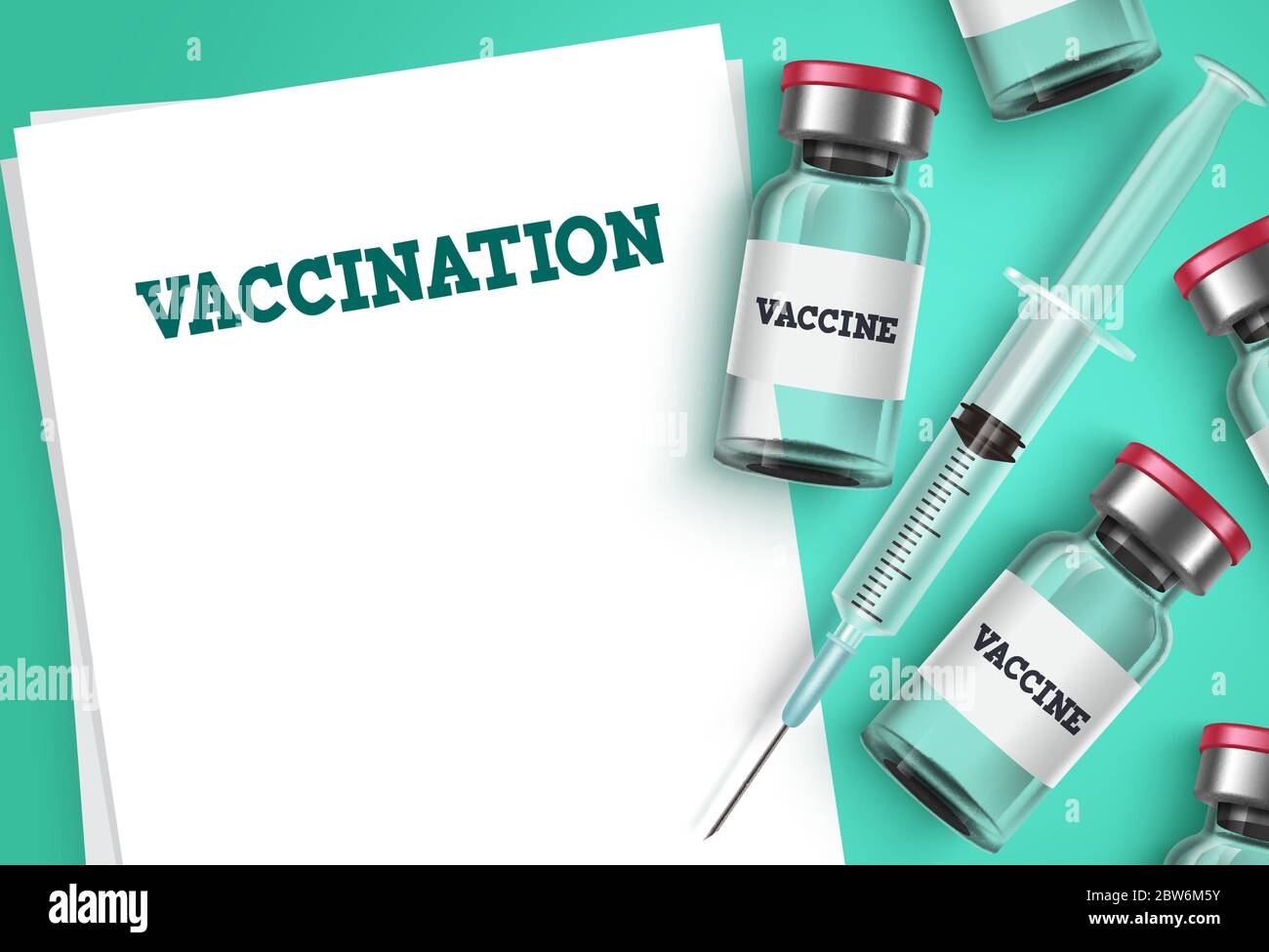 Hintergrundvorlage für Impfvektoren. Impfschuss, Spritzenspritze und leere leere leere Rezept Papier mit Impftext für Covid-19 Virus. Stock Vektor