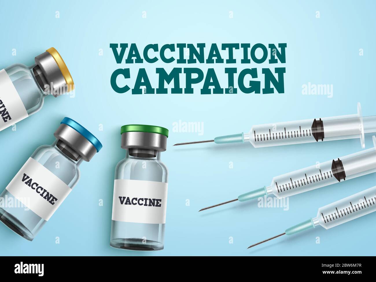 Vektordesign für Impfkampagnen. Text der Impfkampagne mit Impfflasche und Spritzenspritze zur Covid-19-Krönungsimpfung Stock Vektor