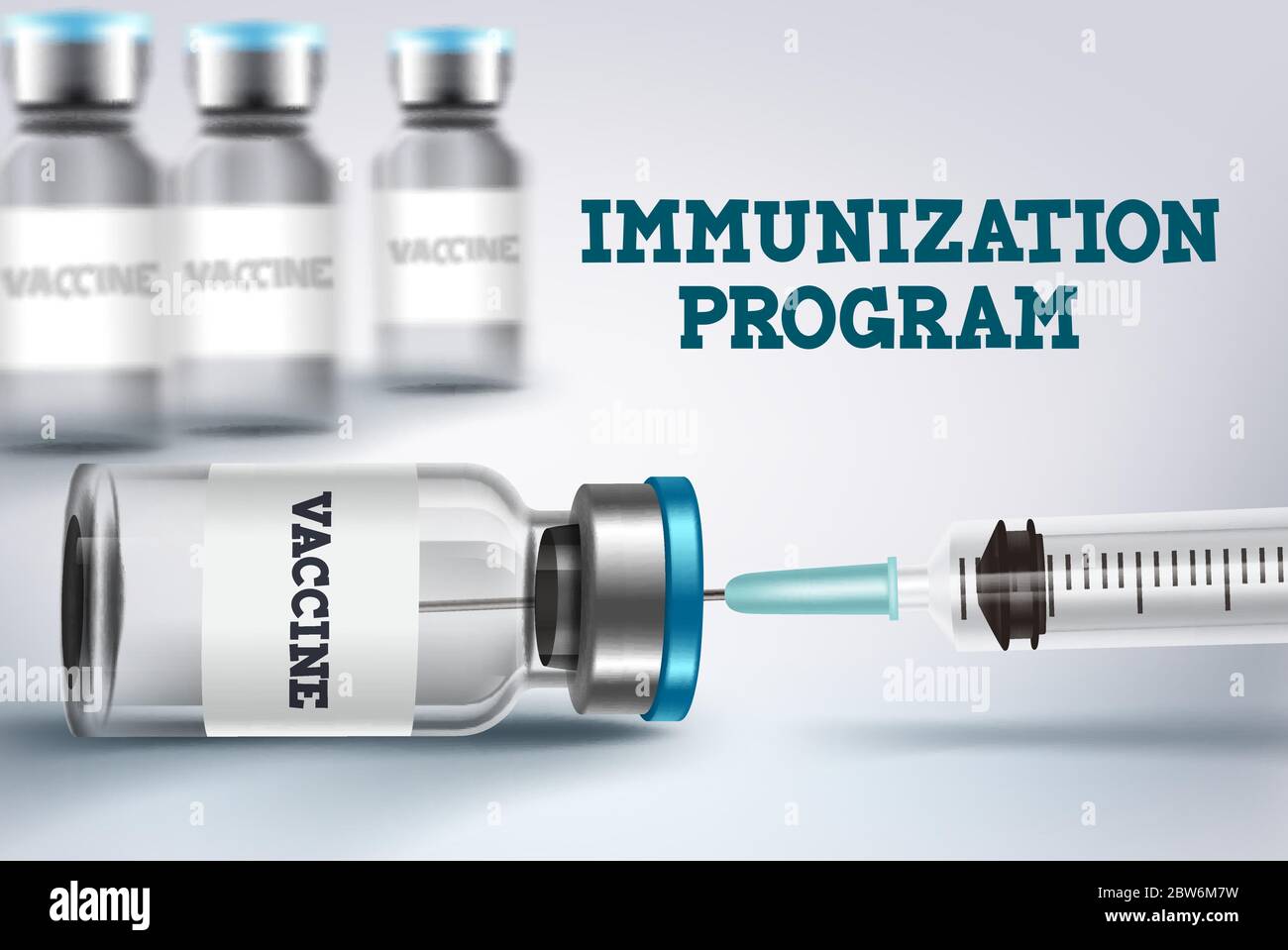 Impfstoff Impfprogramm Vektor-Design. Impfflasche und Injektion für Covid-19 Coronavirus-Impfprogramm und Impfkampagne Stock Vektor