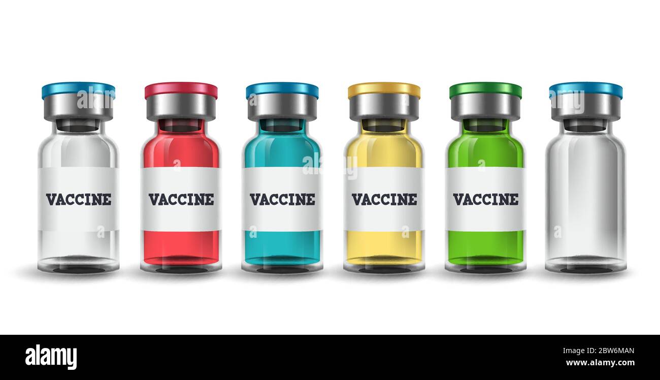 Vektorset für Impfstoffflaschen. Impfstoff Flasche Modell mit verschiedenen Farben für Impfung und Impfung Design-Elemente isoliert in weißem Hintergrund. Stock Vektor