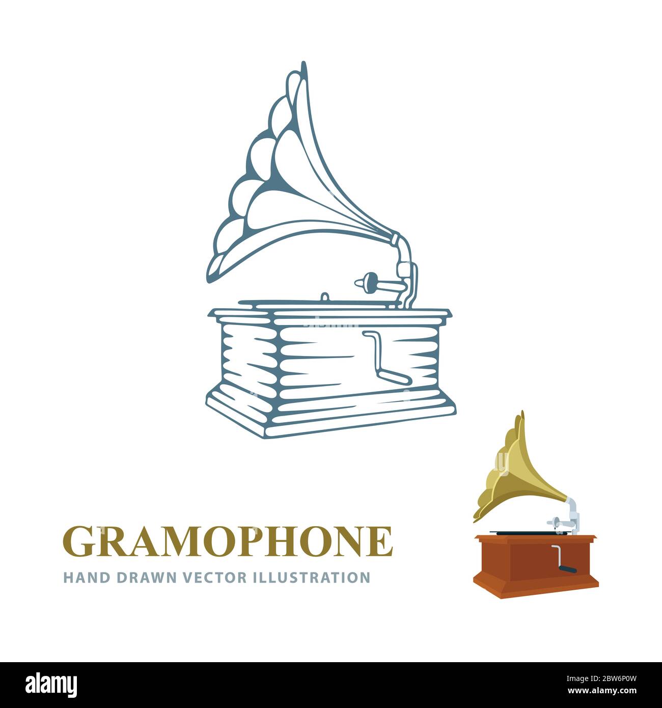Gramophone. Gramophone handgezeichnete und realistische Vektorgrafiken. Alte Grammophon Seitenansicht Skizze Zeichnung. Retro-Musikkonzept. Teil des Sets. Stock Vektor