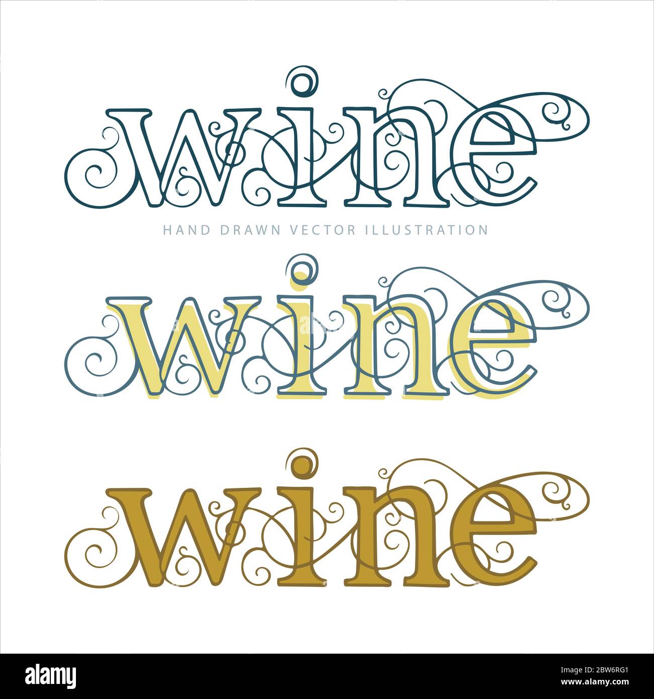 Wein. Handschriftlicher Text Wein mit Kleinbuchstaben geschrieben. Wort Wein mit Weinreben Zeichnung in verschiedenen Stilen. Stock Vektor