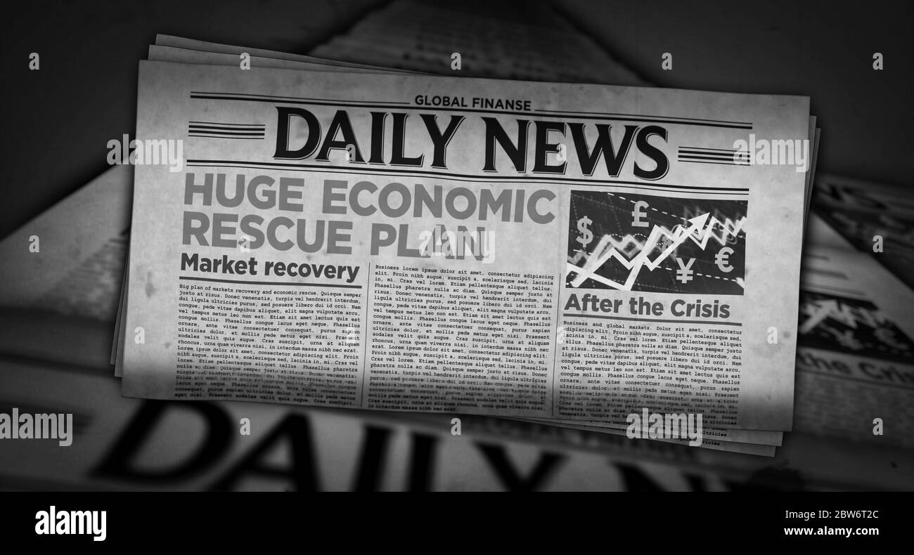 Wirtschaftlicher Rettungsplan nach Viruspandemie, Krise und Markterholung News täglich Zeitungsdruck. Schwarz-weiß 3D-Illustration im Retro-Stil. Vint Stockfoto