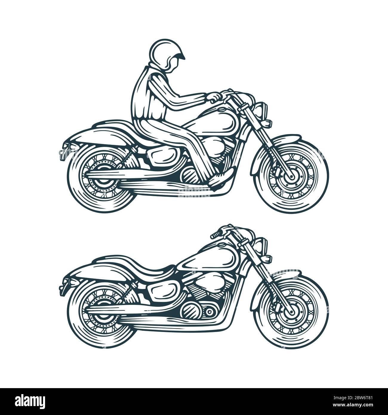 Motorrad und Motorradfahrer handgezeichnete Vektor-Illustrationen Set. Motorrad Skizze Zeichnung isoliert auf einem weißen Hintergrund. Vintage Chopper Motorrad. Stock Vektor