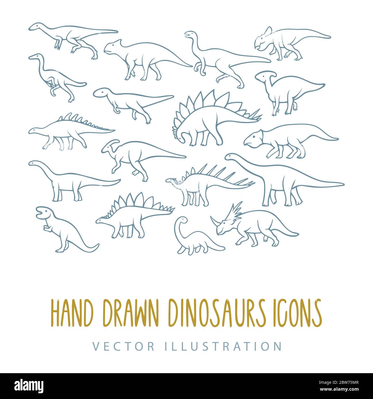 Dinosaurier. Hand gezeichnet Dinosaurier Vektor-Illustrationen Sammlung. Verschiedene Dinosaurier Skizze Zeichnung. Teil des Sets. Stock Vektor