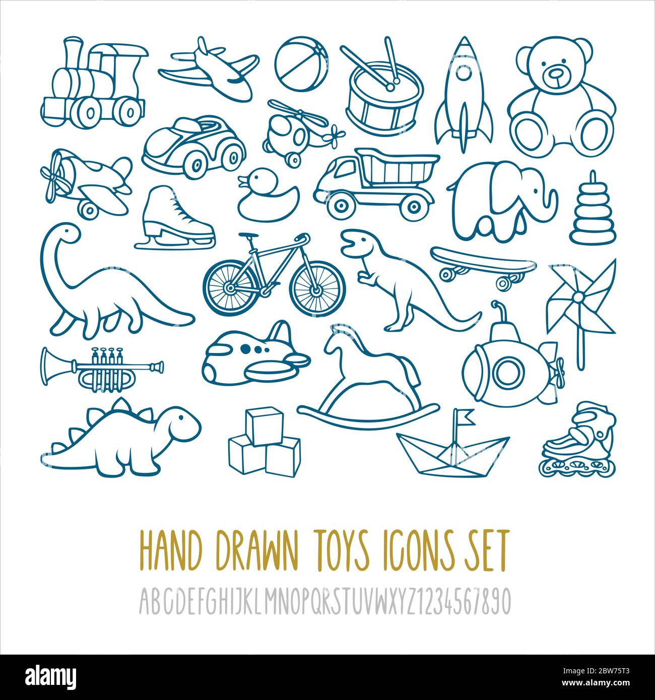Spielzeugsammlung. Handgezeichnete Spielzeugsymbole Set und Hand-Schrift Alphabet mit Zahlen. Teil des Sets. Stock Vektor