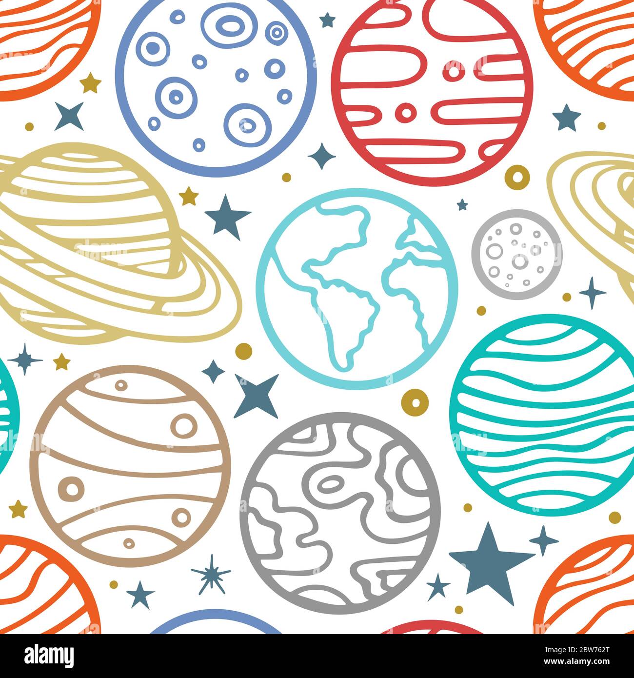 Sonnensystem Planeten und Sterne nahtlose Muster. Hand gezeichnete Planeten endlose Textur. Planeten Skizze Hintergrund zeichnen. Planeten kritzeln. Teil des Sets. Stock Vektor