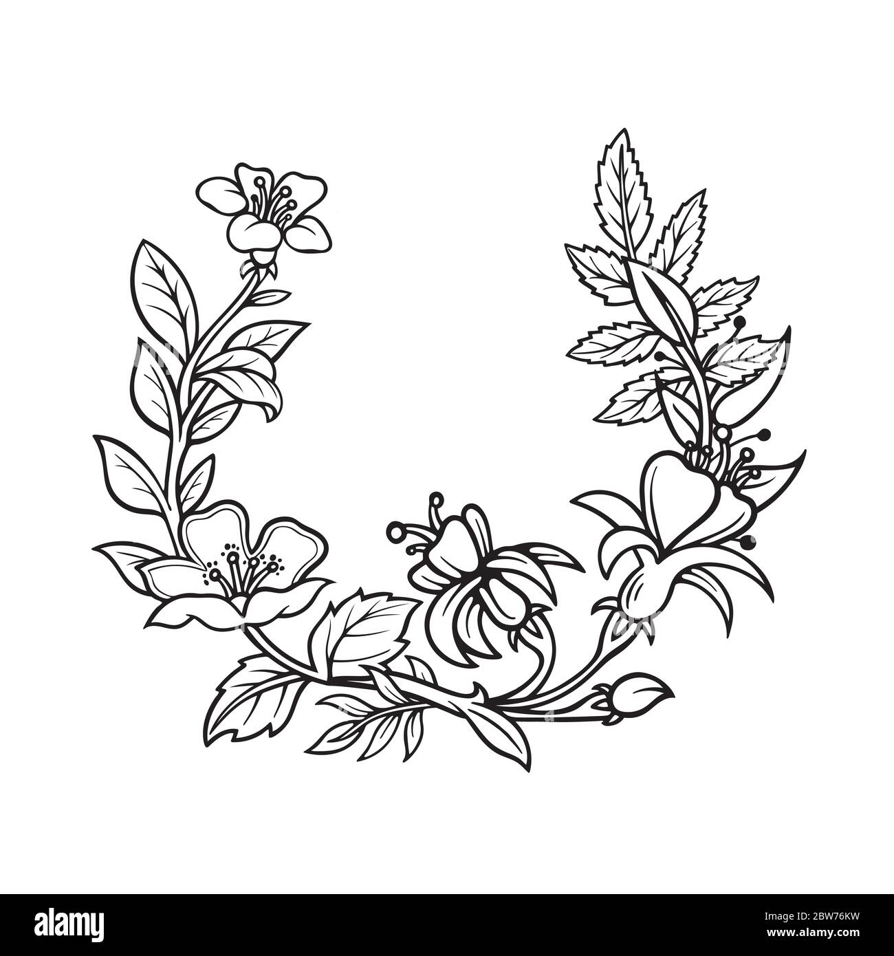 Blumenkranz. Hand gezeichnet verschiedene Blumen und Pflanzen Kranz Vektor Illustration. Skizzierter Blumenrahmen. Teil des Sets Stock-Vektorgrafik