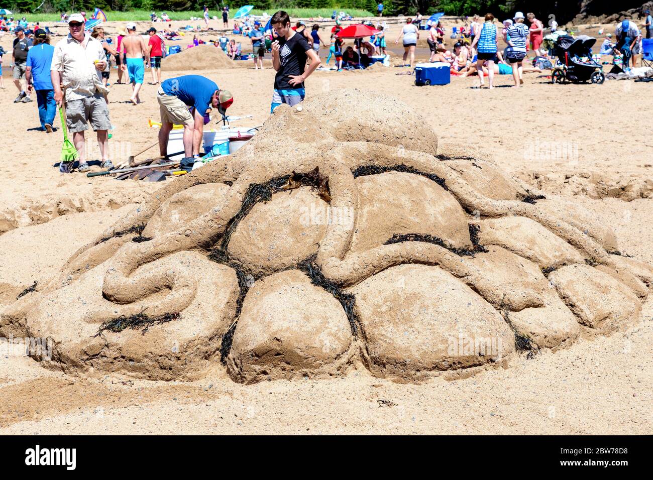 New River Beach, New Brunswick, Kanada - 7. Juli 2018: Der jährliche Wettbewerb für Sandskulpturen. Eine Skulptur eines Oktopus auf gemeißelten Felsen. Stockfoto