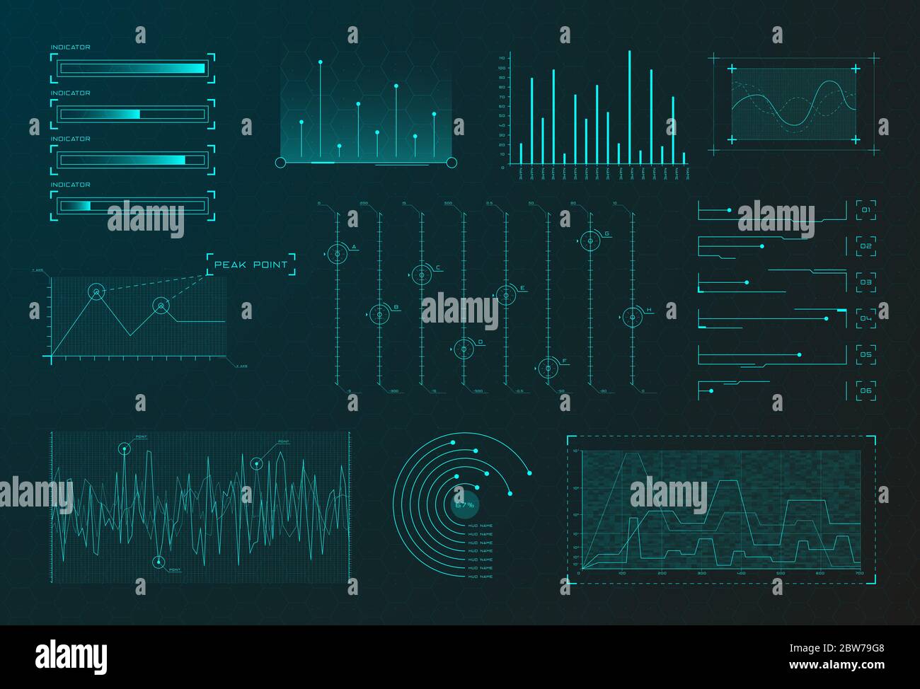Satz von HUD-Infografik-Elementen. Sci-Fi-Diagramme und Diagramme für futuristische Benutzeroberfläche HUD, UI, GUI. Big Data-Analyse-Thema. Virtuelle Grafiken Stock Vektor
