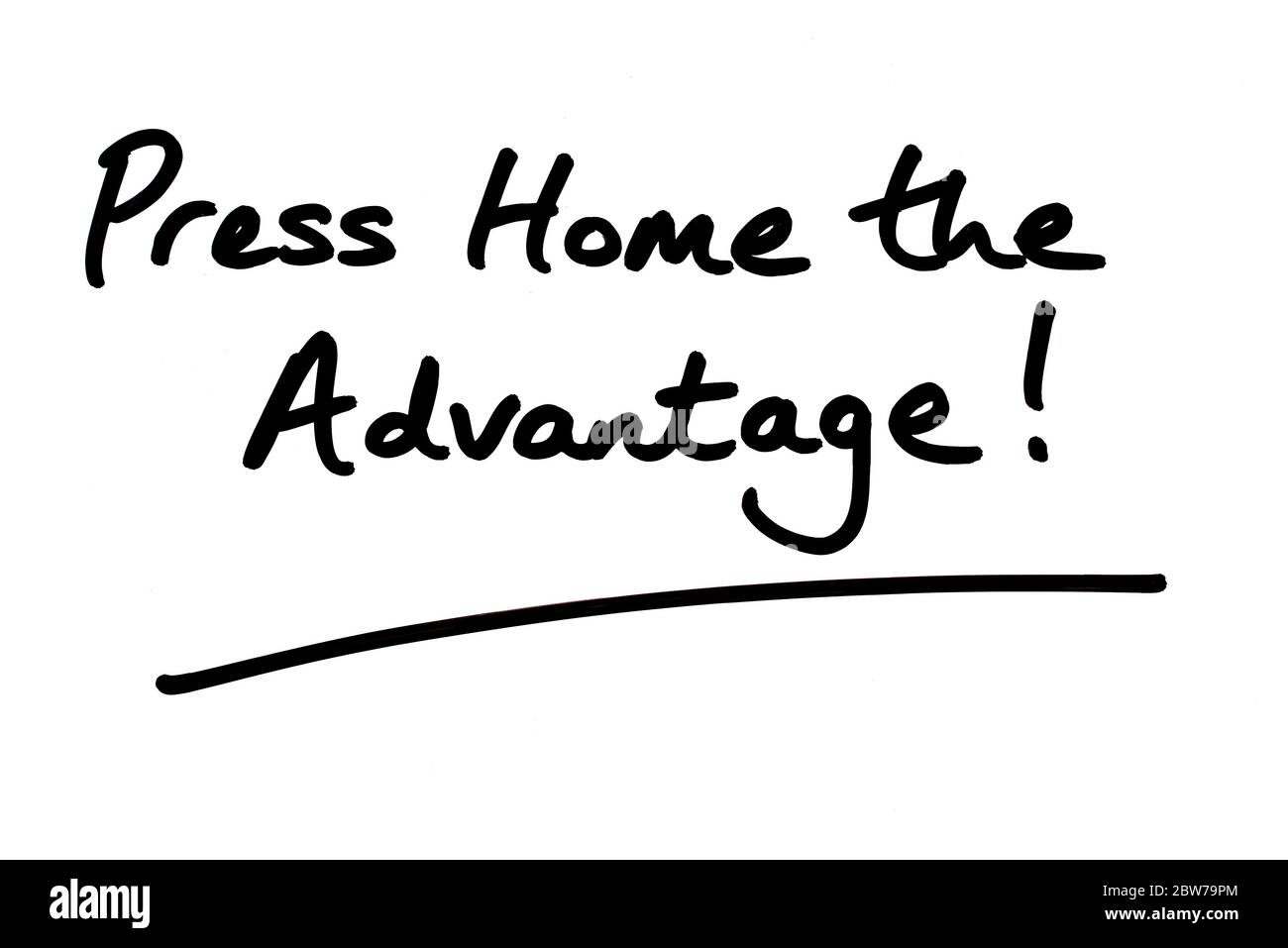 Drücken Sie Home der Vorteil! Handgeschrieben auf weißem Hintergrund. Stockfoto