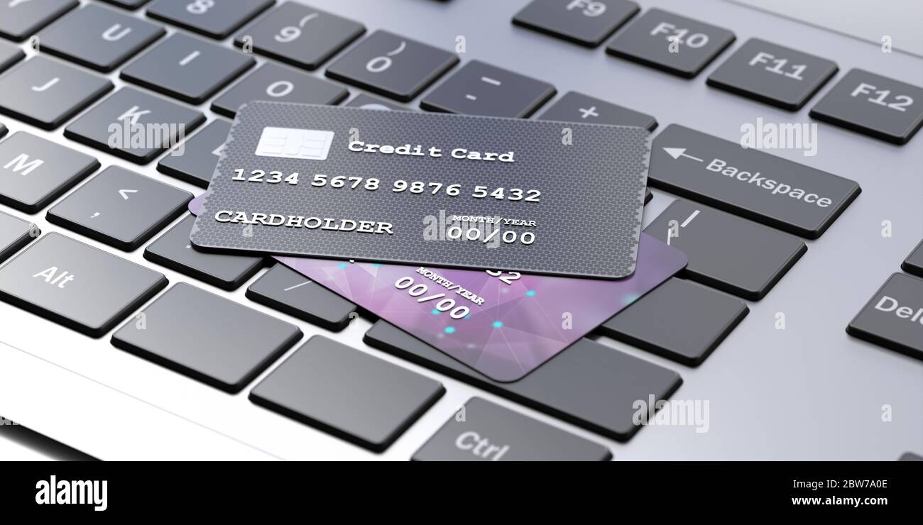 Online-Shopping, Zahlungskonzept, Kreditkarten auf Computer Laptop Tastatur Hintergrund. Elektronische Bankgeschäfte. 3d-Darstellung Stockfoto