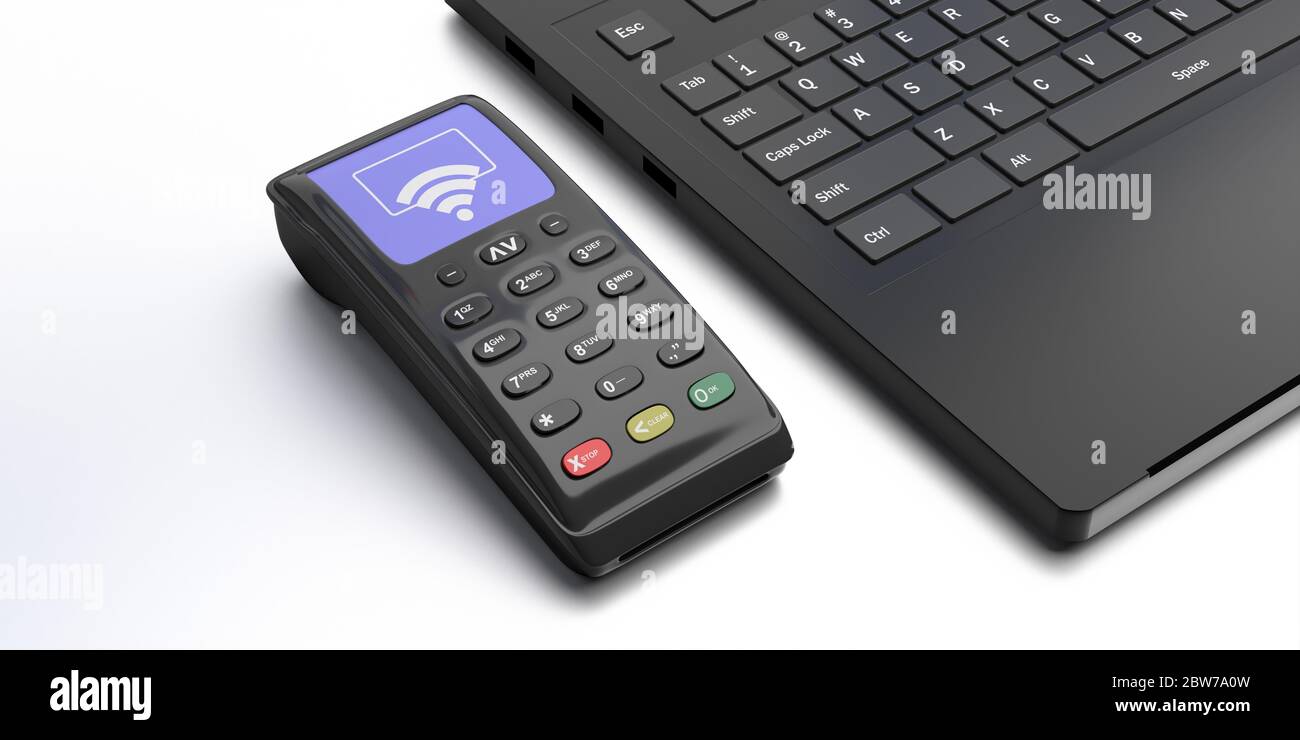 POS-Terminal, Zahlungsgerät und Computer auf weißem Hintergrund. Einkaufen NFC Bankzahlungsautomat. Realistisches Nahaufnahme-Design. 3d-Darstellung Stockfoto