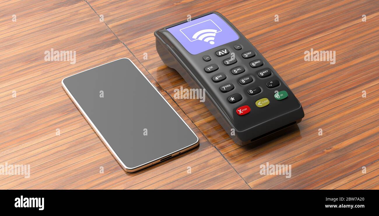 Bargeldloses Bezahlen per NFC-Handy. POS-Terminal, Zahlungsgerät und Handy isoliert auf Holzhintergrund. 3d-Darstellung Stockfoto