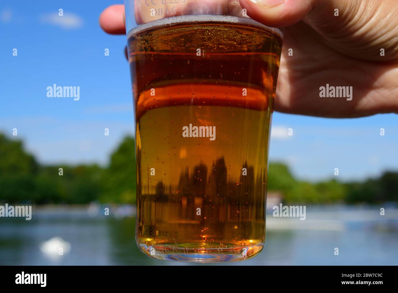 Eine Frauenhand mit einem Glas Bier im Hyde Park, London Stockfoto
