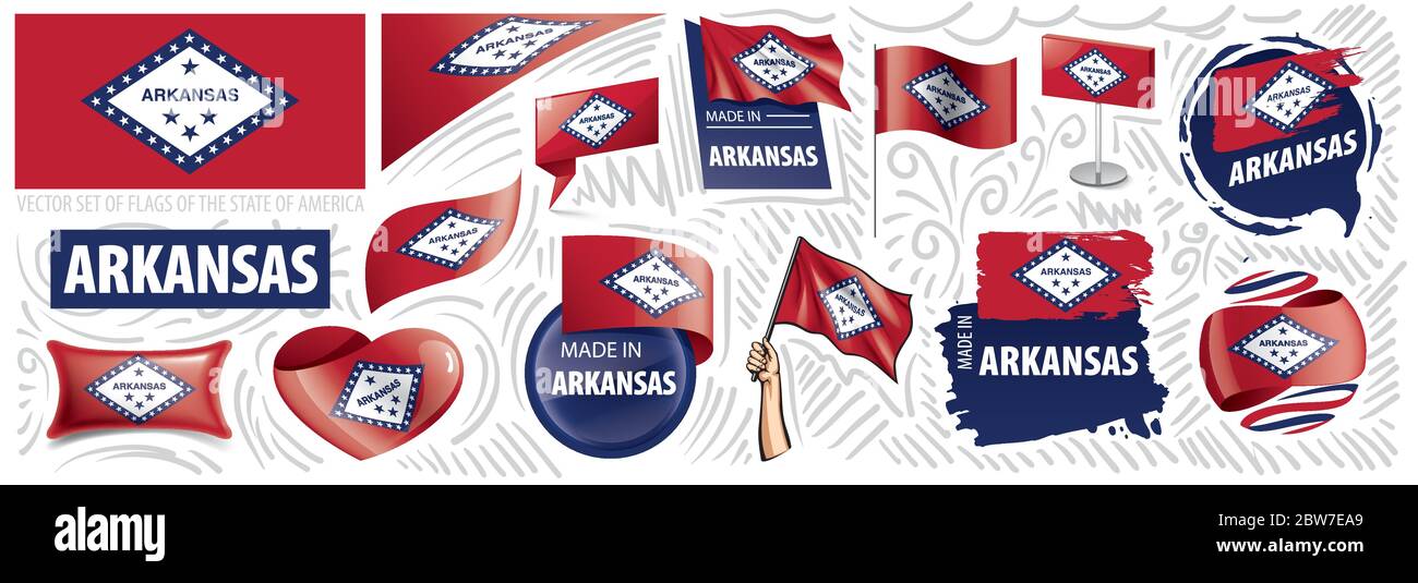 Vektor-Set von Flaggen des amerikanischen Staates Arkansas in verschiedenen Designs Stock Vektor