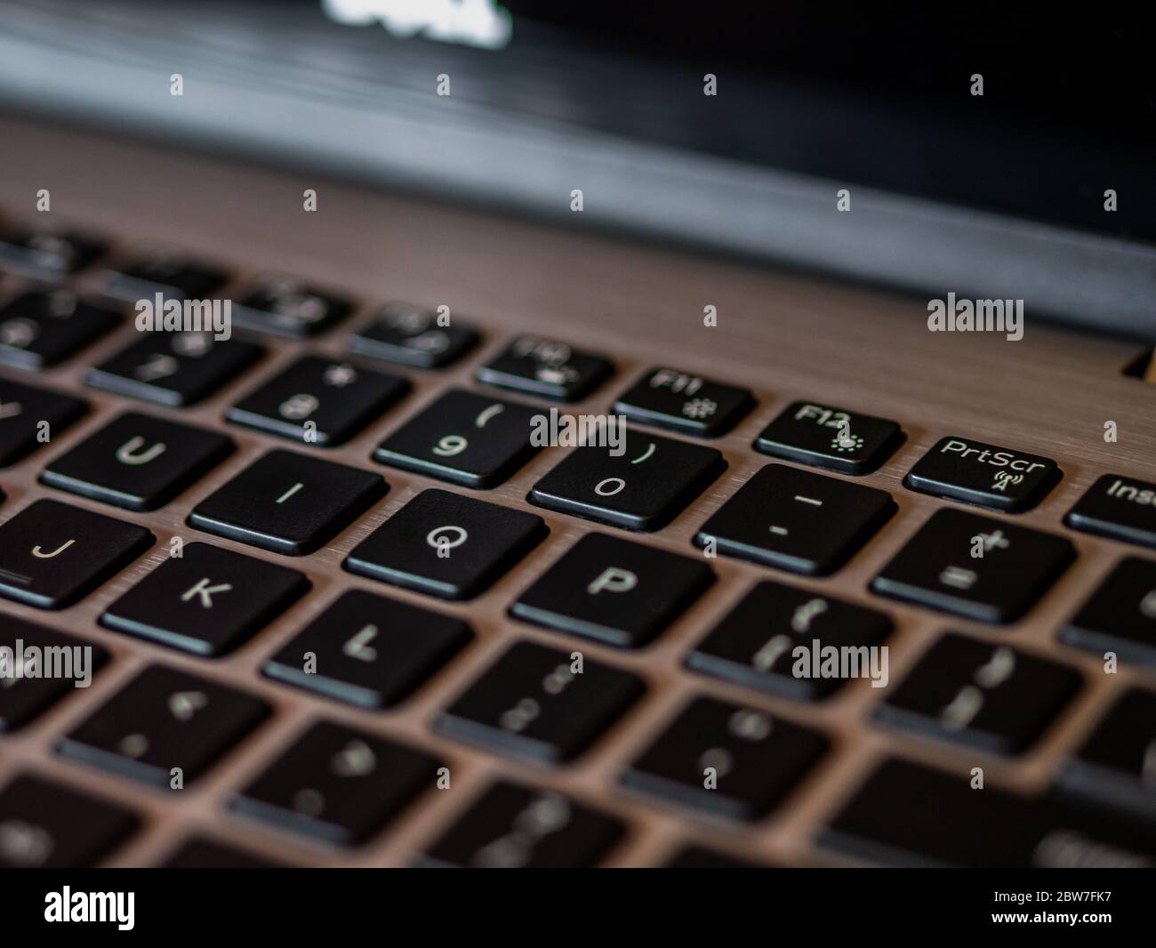 Nahaufnahme der Laptop-Tastatur, schwarze Tasten auf silbernen Laptop. Bildschirm und WLAN-Tasten im Fokus drucken. Stockfoto