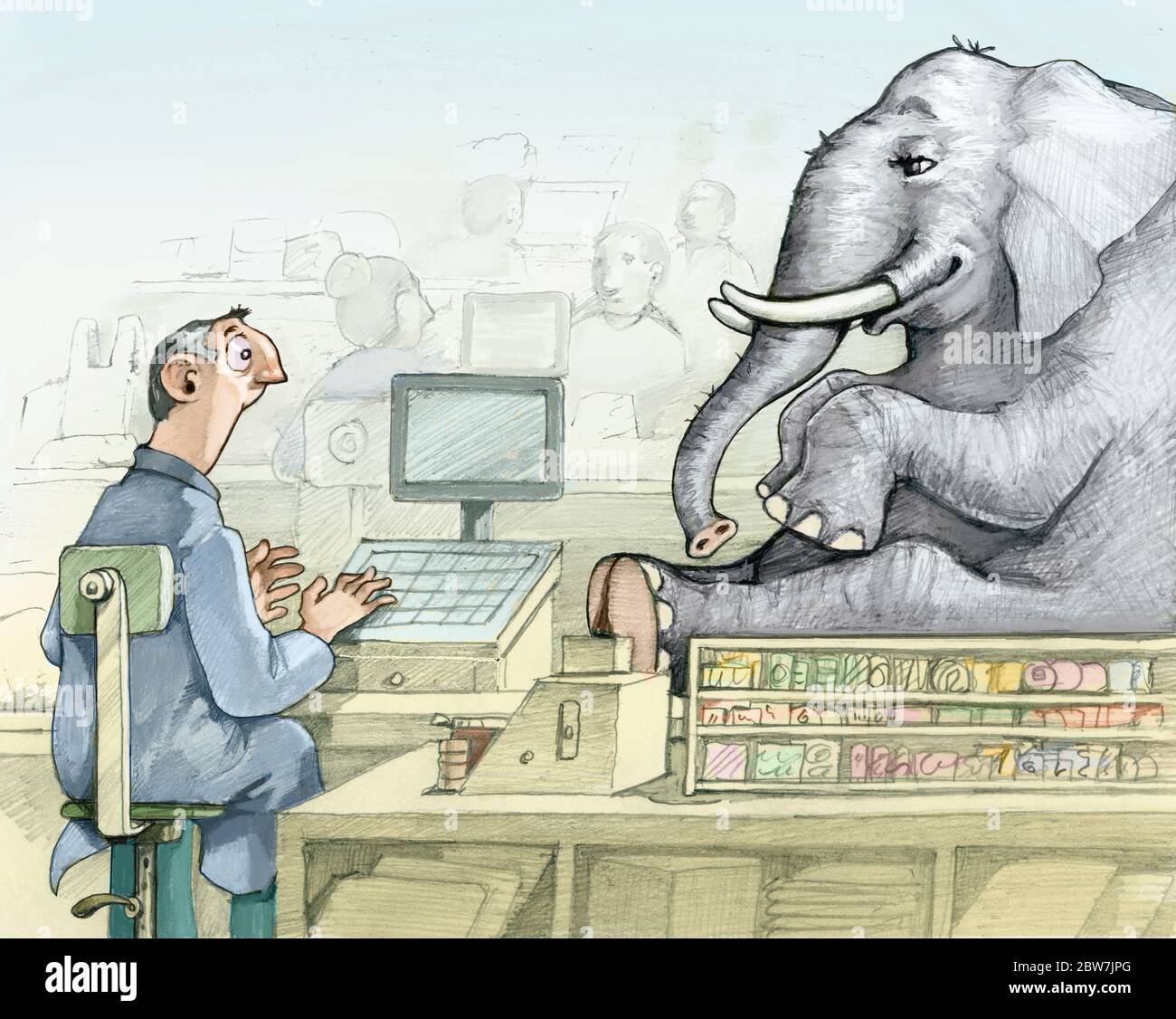 Kassierer sieht erstaunt und erstaunt ein Elefant auf die Kiste gesetzt, um Allegorie der Übertreibung des Konsums gekauft werden Stockfoto