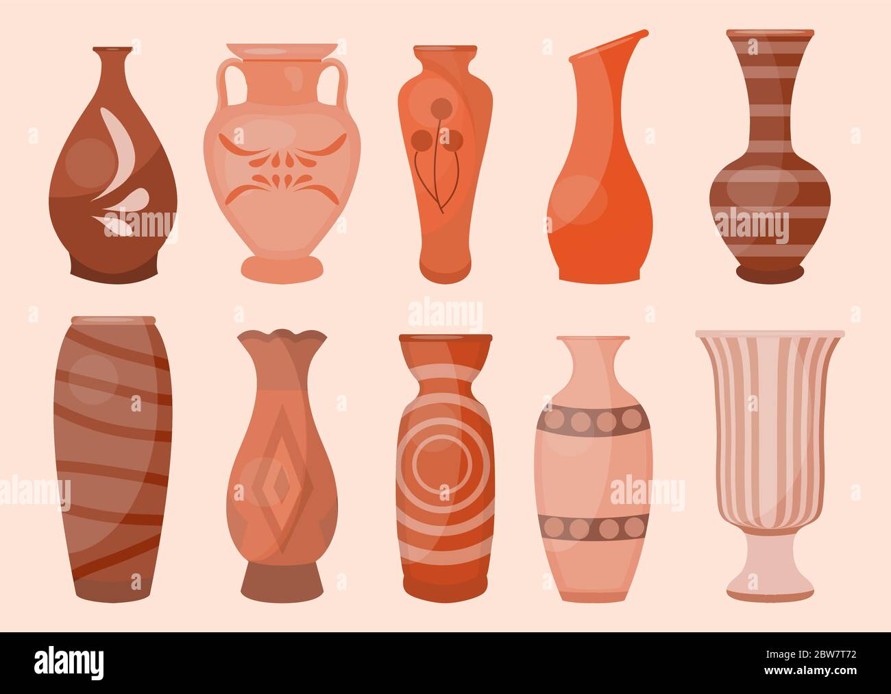 Keramik Vasen Set, modern flach. Antike Keramik klassische Topf und Schüssel. Handgefertigte dekorierte Keramikvase und Glas. Vektorgrafik Stock Vektor