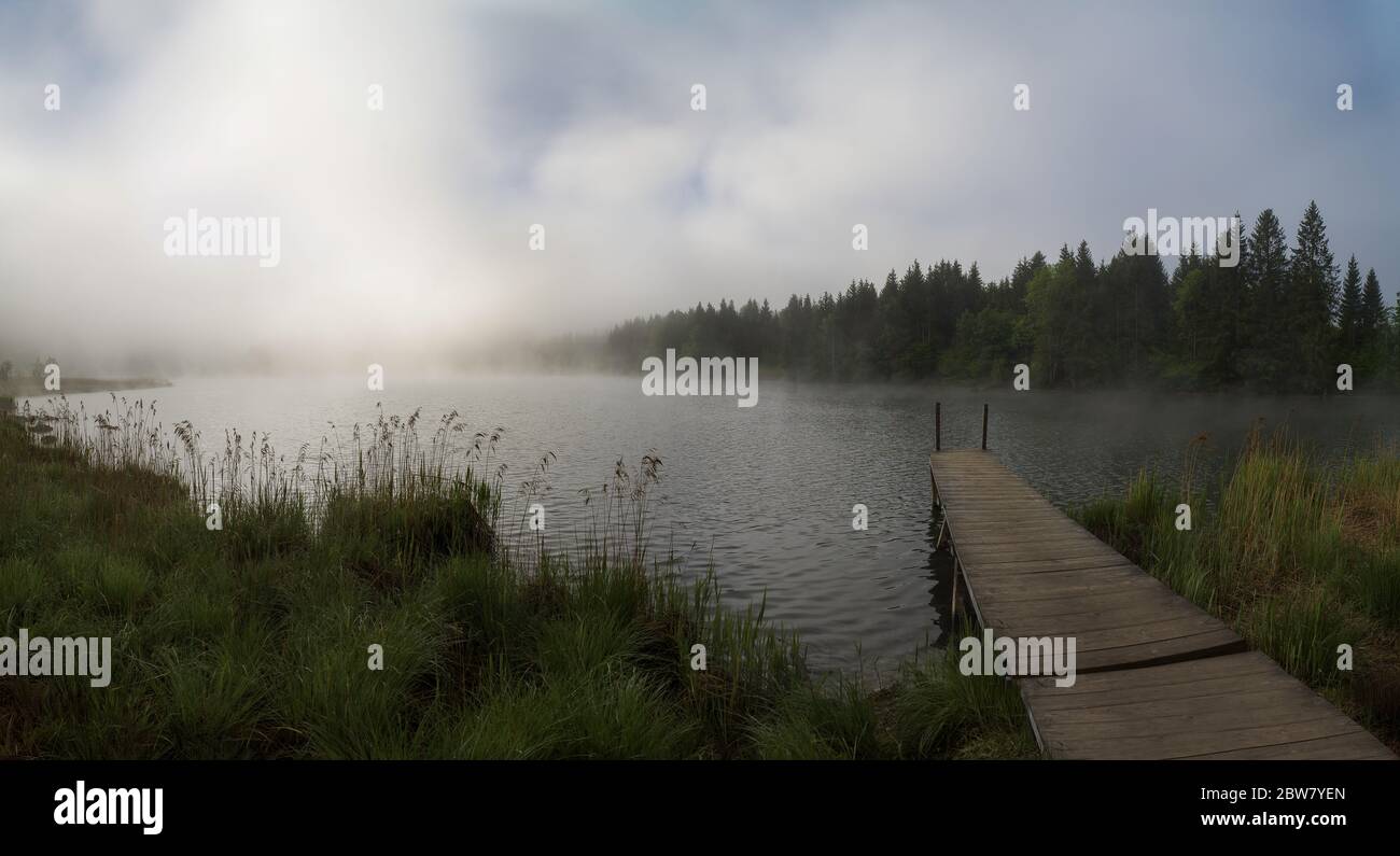 Dampfendes Wasser des Lake Gerold Pier bei nebeligem Morgenaufgang im Frühling Stockfoto