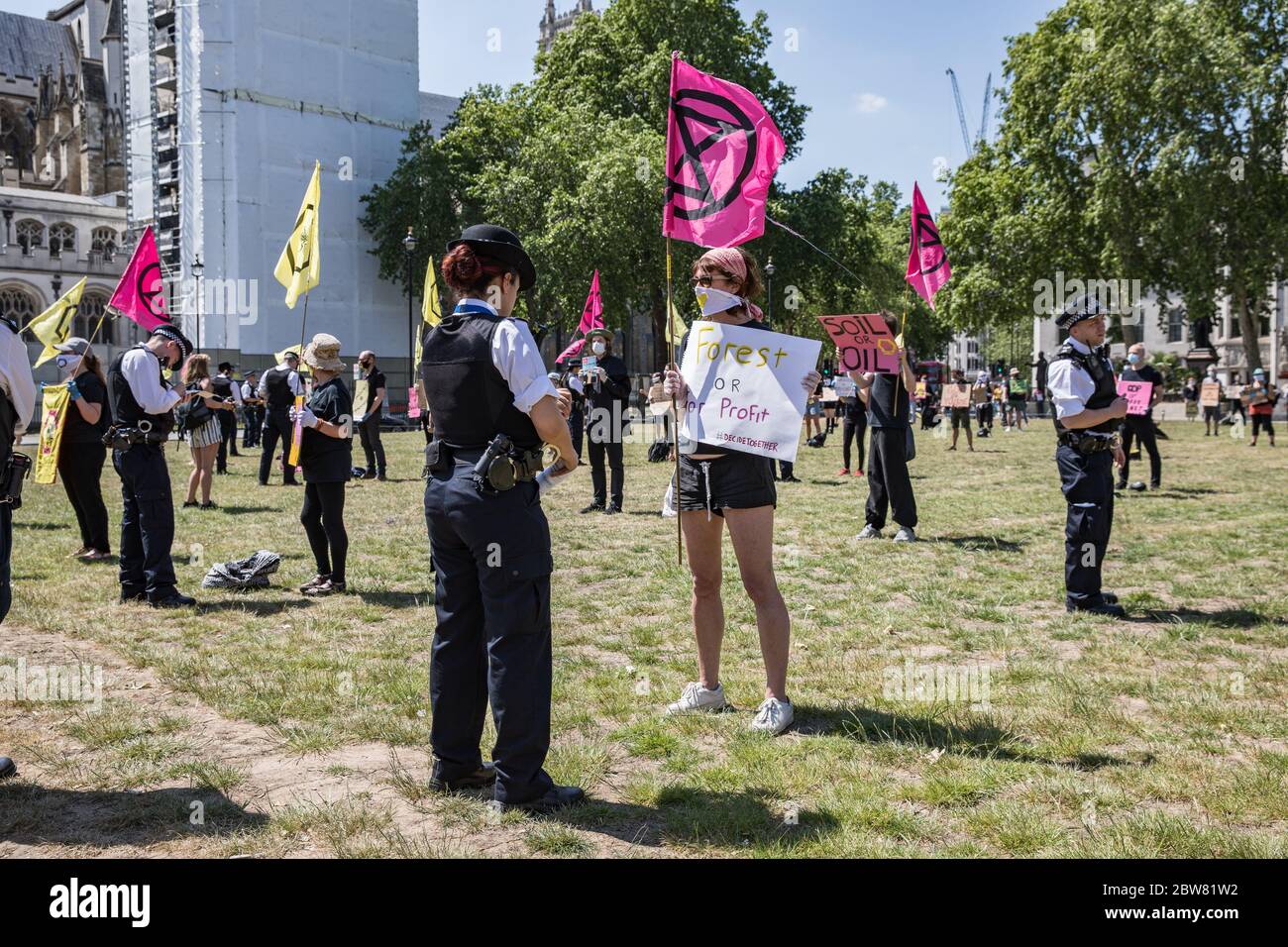 Parliament Square, London, Großbritannien. 30 Mai 2020. Einige hundert Umweltkämpfer der Extinction Rebellion demonstrieren friedlich auf dem Parliament Square. Demonstranten halten Plakate ab, fordern von der britischen Regierung entschlossene Maßnahmen zur globalen Umweltkrise. Aktivisten stehen und halten angemessene soziale Distanz aufrecht. Die Polizei stellt einzelne Aktivisten in Frage und veranlasst sie, weiter zu gehen; einige werden durchsucht und es folgen Verhaftungen wegen Verstößen gegen die Covid-19-Vorschriften. Stockfoto