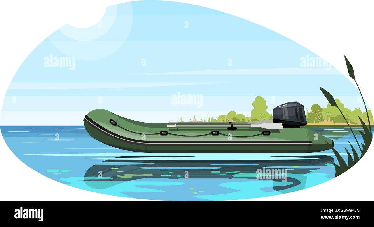 Aufblasbares Boot mit Motor halbflach Vektor-Illustration Stock Vektor