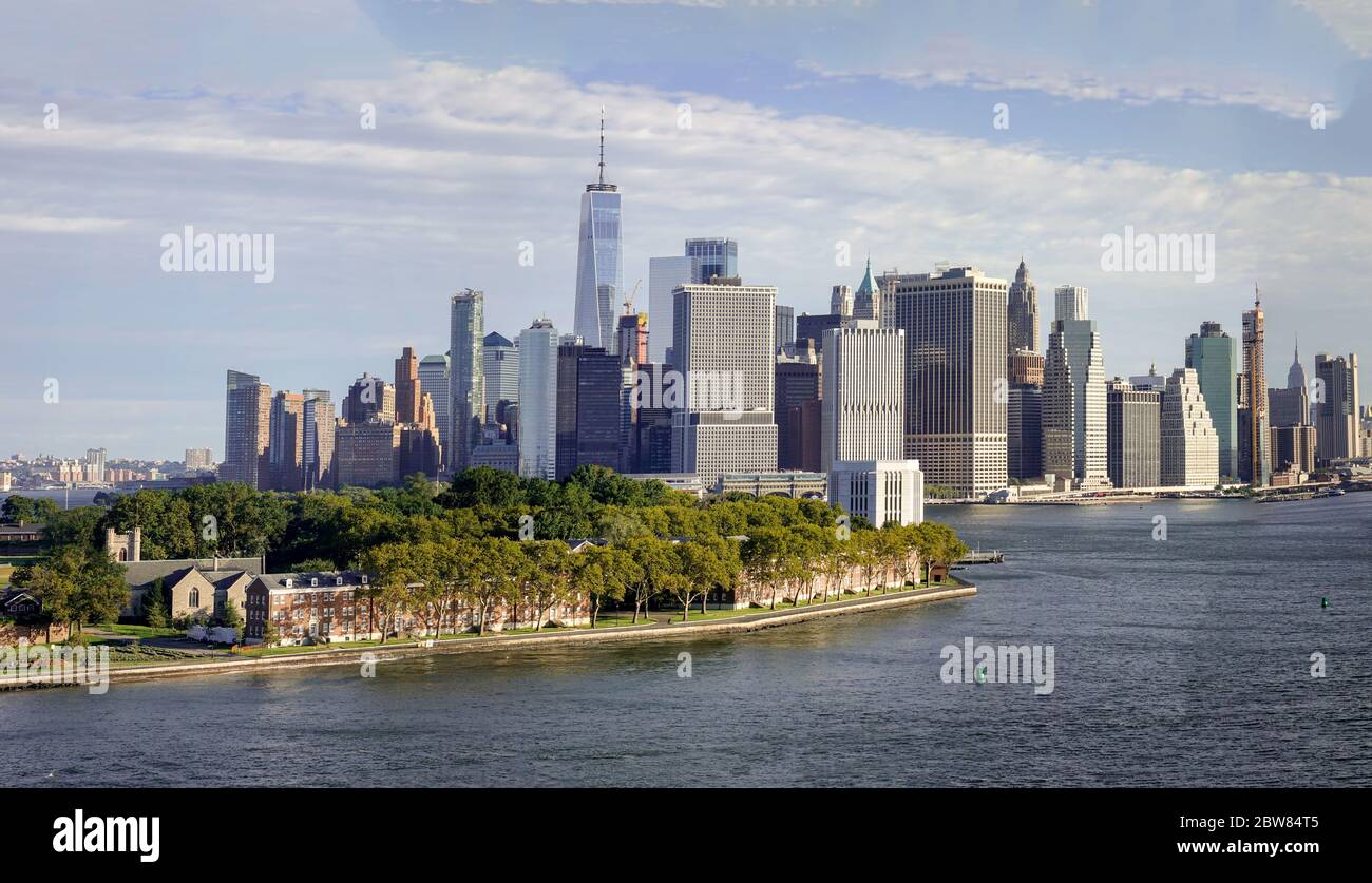 Skyline Von Manhattan Island New York City Morgenpanorama Bei Sonnenaufgang Stockfoto